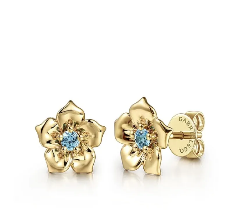 Floral 14K Yellow Gold Blue Topaz Floral Stud Earrings