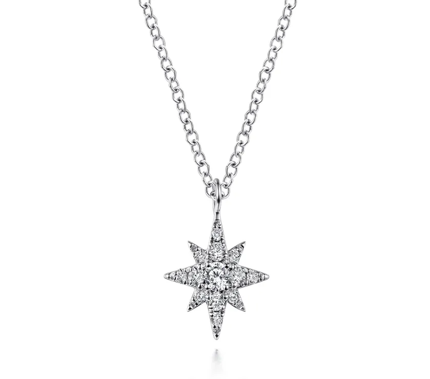 14K White Gold Diamond Pave Starburst Pendant Necklace