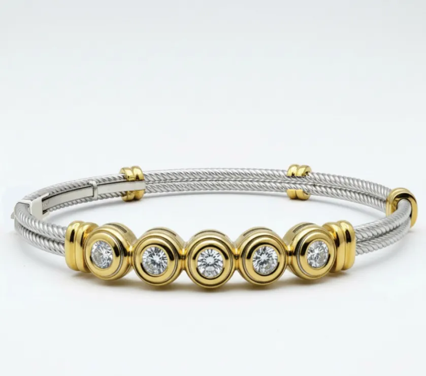 Zales 14k Gold Natural Diamond 5-Stone Cable Bangle Bracelet Bezel