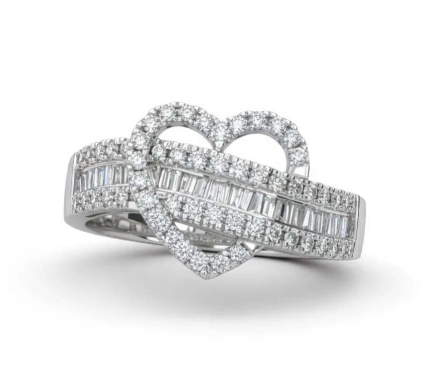 Heart Me Not Rhinestone Round Baguette Diamond Heart Slant Band Ring