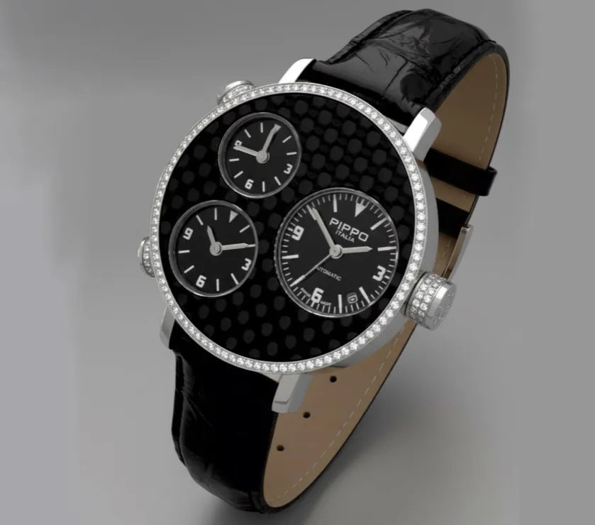 Pippo Perez Diamond 012 0095 Three Time Zone Leather Wristwatch