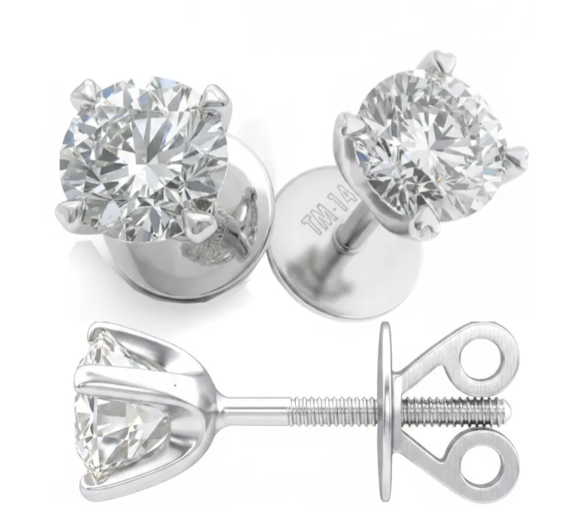 Round Diamond Stud with Screw Back Solitaire Earrings Total 1.20 Carat