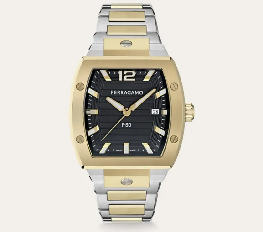 Ferragamo F80 Tonneau 3H Steel Tow Tone PVD Quartz Watch