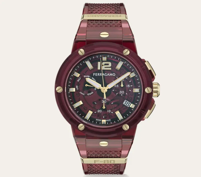 Ferragamo F80 Translucent Burgundy Chrono Quartz Men' Watch 44MM